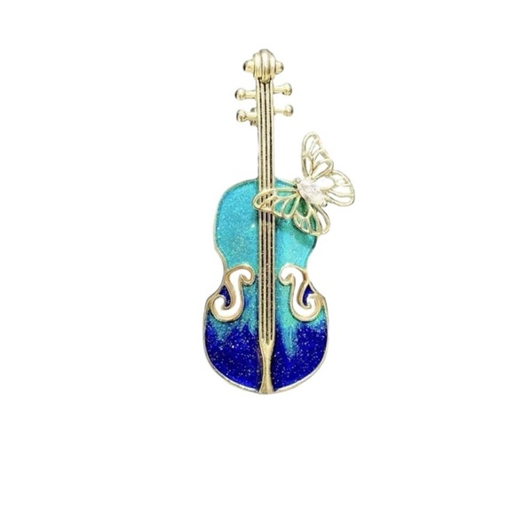 Jewelry - Enamel Violin Brooch with Rhinestone Butterfly